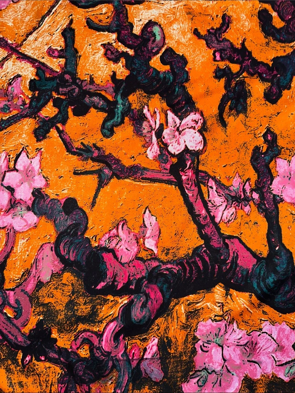 Vibrant Oversized Orange Floral Branch Print Silk Scarf